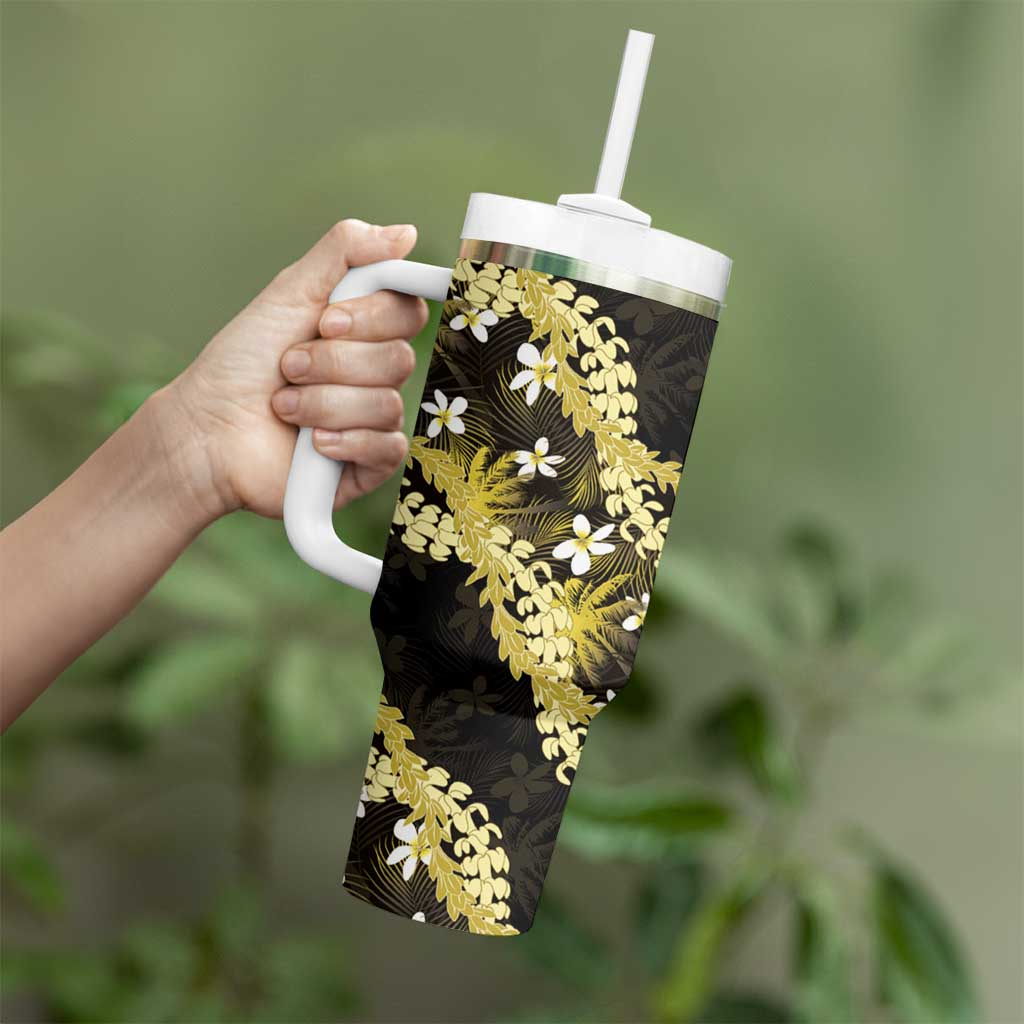 Puakenikeni Maile Lei Tumbler With Handle Frangipani Yellow Tropical Leaves LT01 - Polynesian Pride