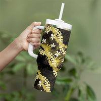 Puakenikeni Maile Lei Tumbler With Handle Frangipani Yellow Tropical Leaves LT01 - Polynesian Pride