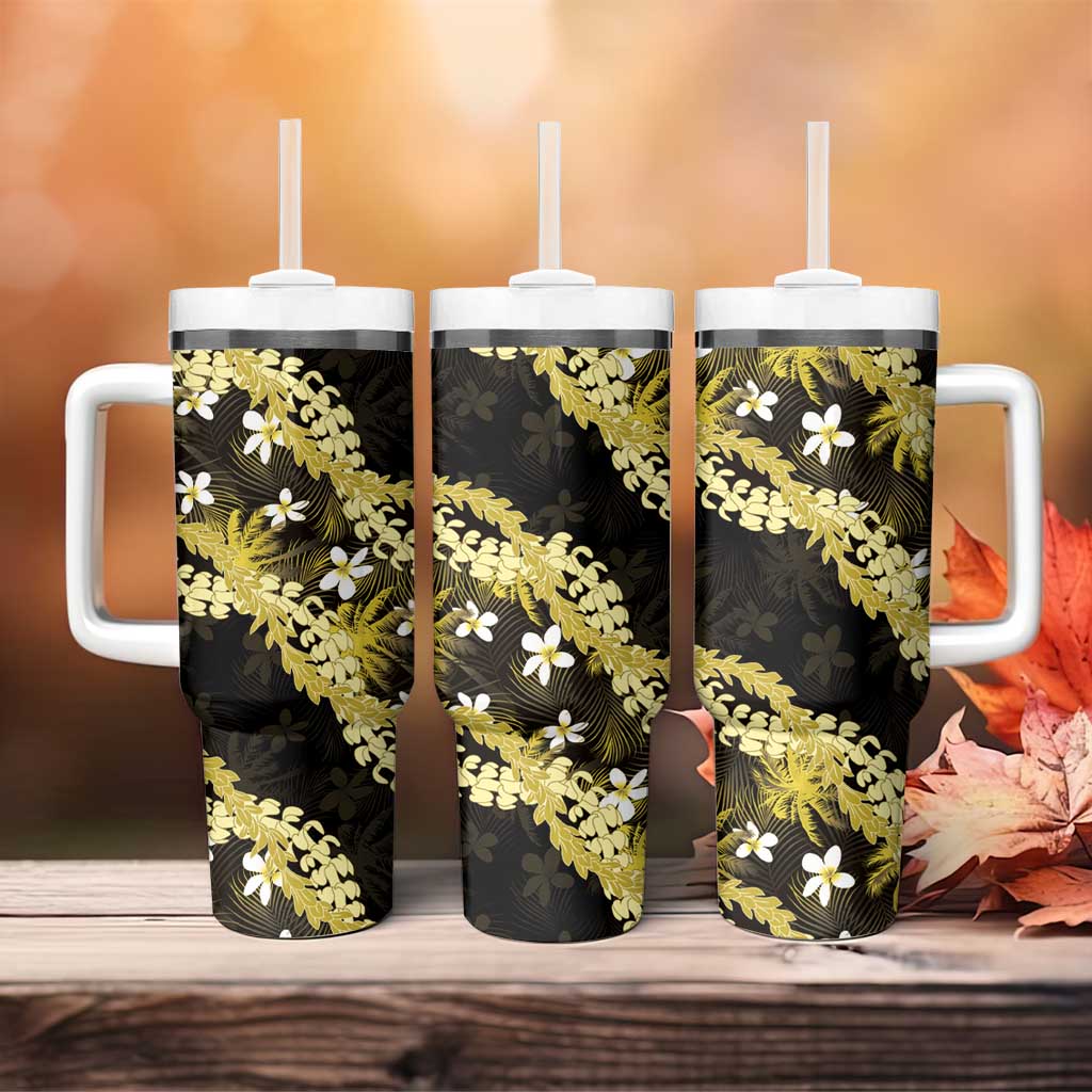 Puakenikeni Maile Lei Tumbler With Handle Frangipani Yellow Tropical Leaves LT01 - Polynesian Pride
