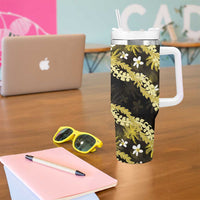 Puakenikeni Maile Lei Tumbler With Handle Frangipani Yellow Tropical Leaves LT01 - Polynesian Pride
