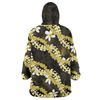 Puakenikeni Maile Lei Wearable Blanket Hoodie Frangipani Yellow Tropical Leaves