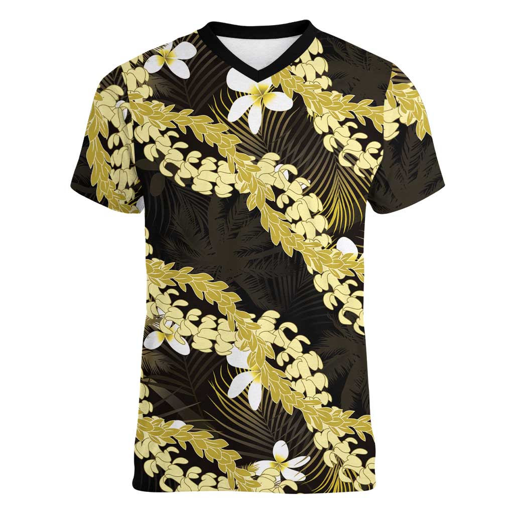 Puakenikeni Maile Lei Women V-Neck T-Shirt Frangipani Yellow Tropical Leaves