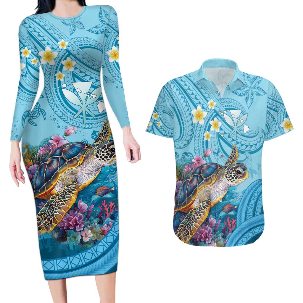 Personalized Hawaii Sea Turtle Couples Matching Long Sleeve Bodycon Dress and Hawaiian Shirt Hawaii Map Ocean Vibes LT01 Blue - Polynesian Pride