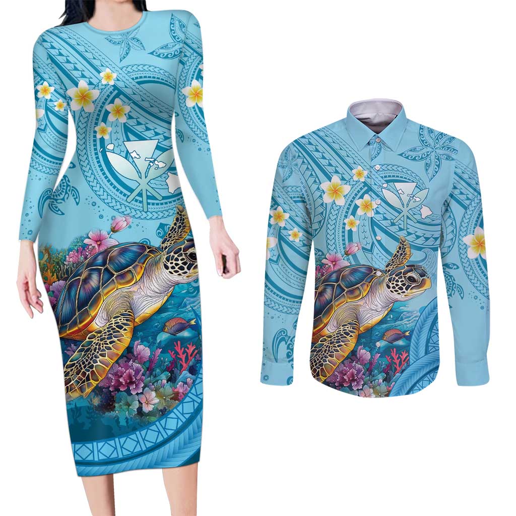 Personalized Hawaii Sea Turtle Couples Matching Long Sleeve Bodycon Dress and Long Sleeve Button Shirt Hawaii Map Ocean Vibes LT01 Blue - Polynesian Pride