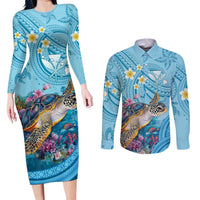 Personalized Hawaii Sea Turtle Couples Matching Long Sleeve Bodycon Dress and Long Sleeve Button Shirt Hawaii Map Ocean Vibes LT01 Blue - Polynesian Pride