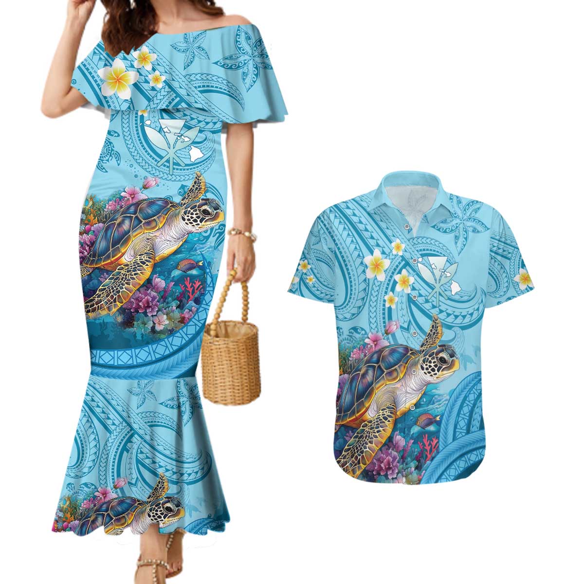 Personalized Hawaii Sea Turtle Couples Matching Mermaid Dress and Hawaiian Shirt Hawaii Map Ocean Vibes LT01 Blue - Polynesian Pride