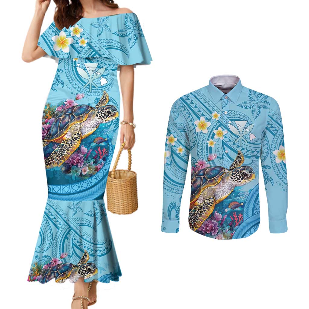 Personalized Hawaii Sea Turtle Couples Matching Mermaid Dress and Long Sleeve Button Shirt Hawaii Map Ocean Vibes LT01 Blue - Polynesian Pride