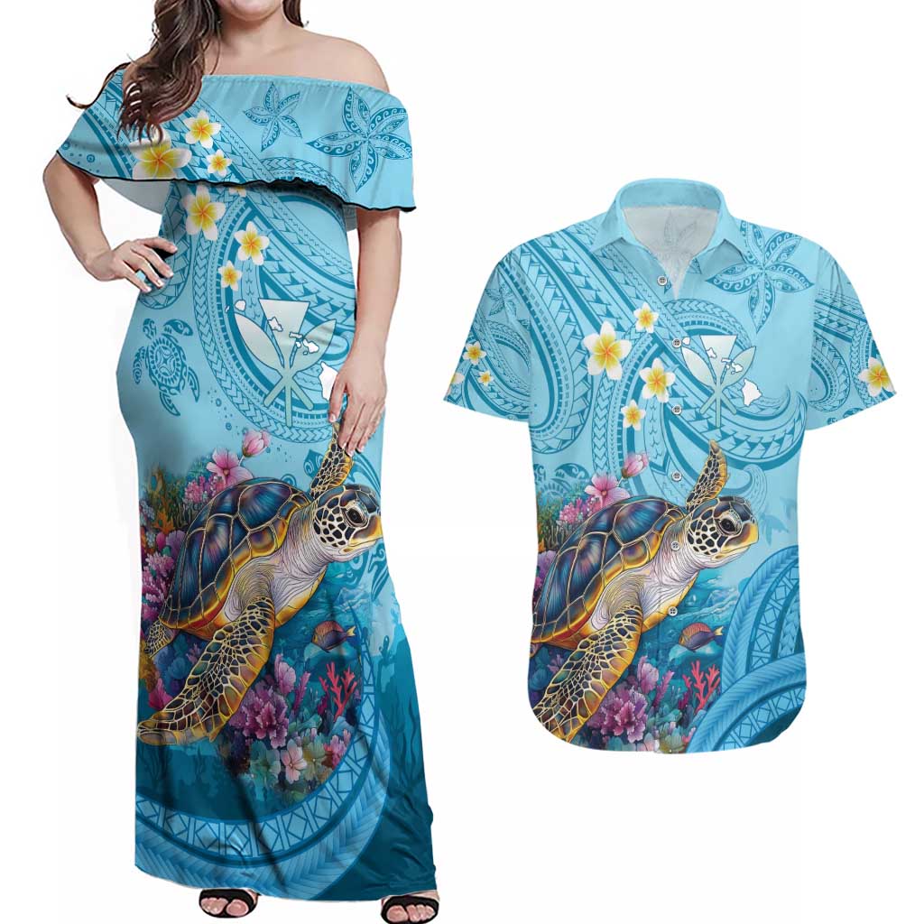 Personalized Hawaii Sea Turtle Couples Matching Off Shoulder Maxi Dress and Hawaiian Shirt Hawaii Map Ocean Vibes LT01 Blue - Polynesian Pride