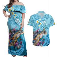 Personalized Hawaii Sea Turtle Couples Matching Off Shoulder Maxi Dress and Hawaiian Shirt Hawaii Map Ocean Vibes LT01 Blue - Polynesian Pride