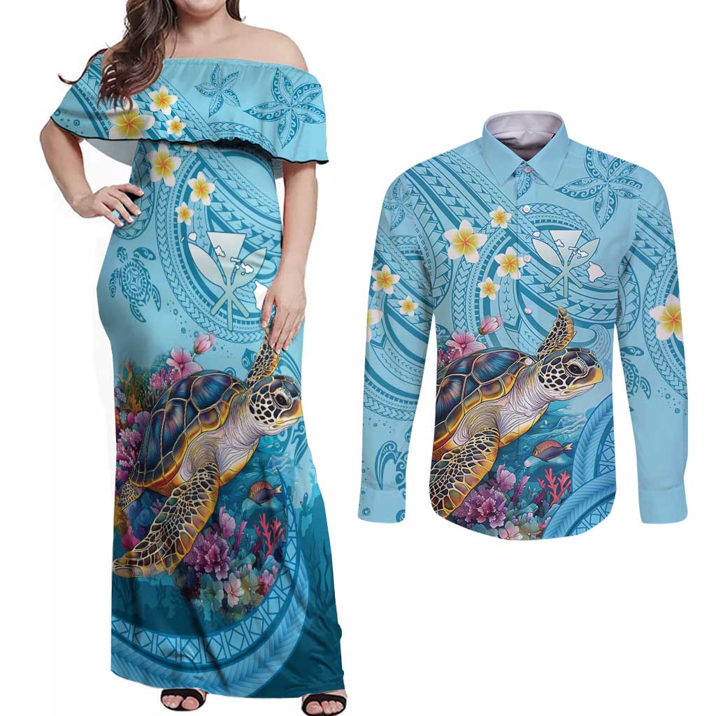 Personalized Hawaii Sea Turtle Couples Matching Off Shoulder Maxi Dress and Long Sleeve Button Shirt Hawaii Map Ocean Vibes LT01 Blue - Polynesian Pride