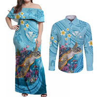 Personalized Hawaii Sea Turtle Couples Matching Off Shoulder Maxi Dress and Long Sleeve Button Shirt Hawaii Map Ocean Vibes LT01 Blue - Polynesian Pride