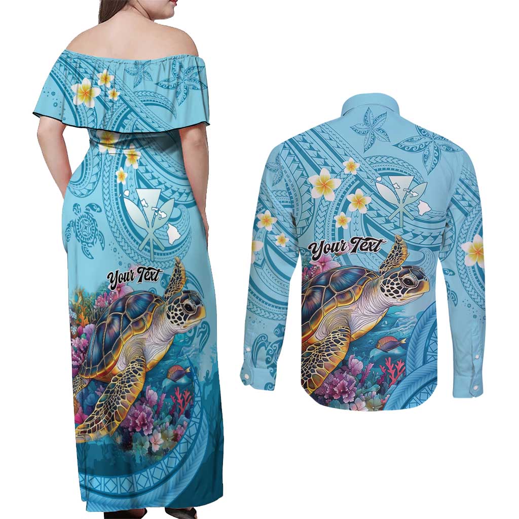 Personalized Hawaii Sea Turtle Couples Matching Off Shoulder Maxi Dress and Long Sleeve Button Shirt Hawaii Map Ocean Vibes LT01 - Polynesian Pride