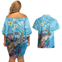 Personalized Hawaii Sea Turtle Couples Matching Off Shoulder Short Dress and Hawaiian Shirt Hawaii Map Ocean Vibes LT01 - Polynesian Pride