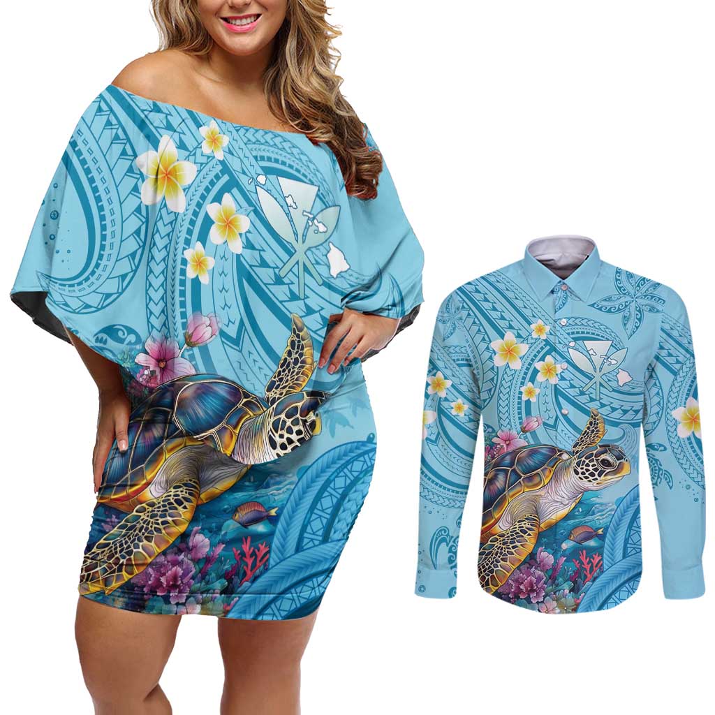 Personalized Hawaii Sea Turtle Couples Matching Off Shoulder Short Dress and Long Sleeve Button Shirt Hawaii Map Ocean Vibes LT01 Blue - Polynesian Pride
