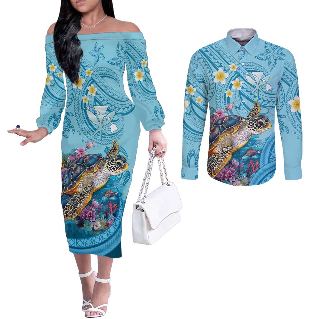 Personalized Hawaii Sea Turtle Couples Matching Off The Shoulder Long Sleeve Dress and Long Sleeve Button Shirt Hawaii Map Ocean Vibes LT01 Blue - Polynesian Pride