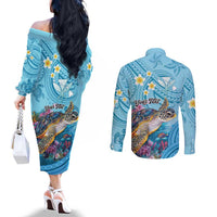 Personalized Hawaii Sea Turtle Couples Matching Off The Shoulder Long Sleeve Dress and Long Sleeve Button Shirt Hawaii Map Ocean Vibes LT01 - Polynesian Pride
