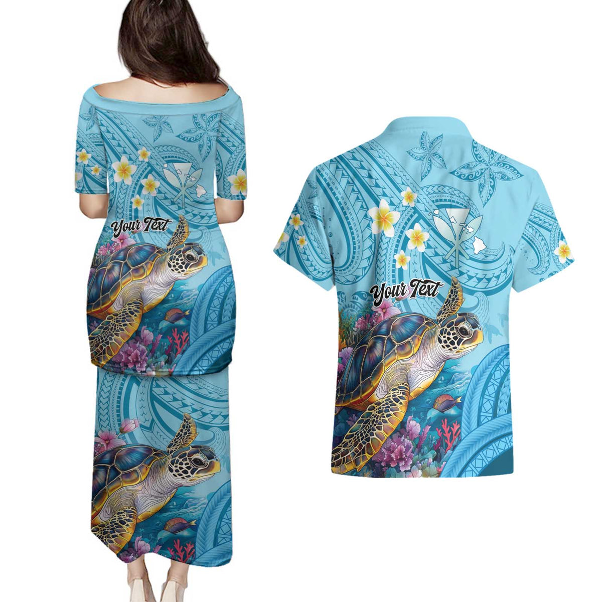 Personalized Hawaii Sea Turtle Couples Matching Puletasi and Hawaiian Shirt Hawaii Map Ocean Vibes LT01 - Polynesian Pride