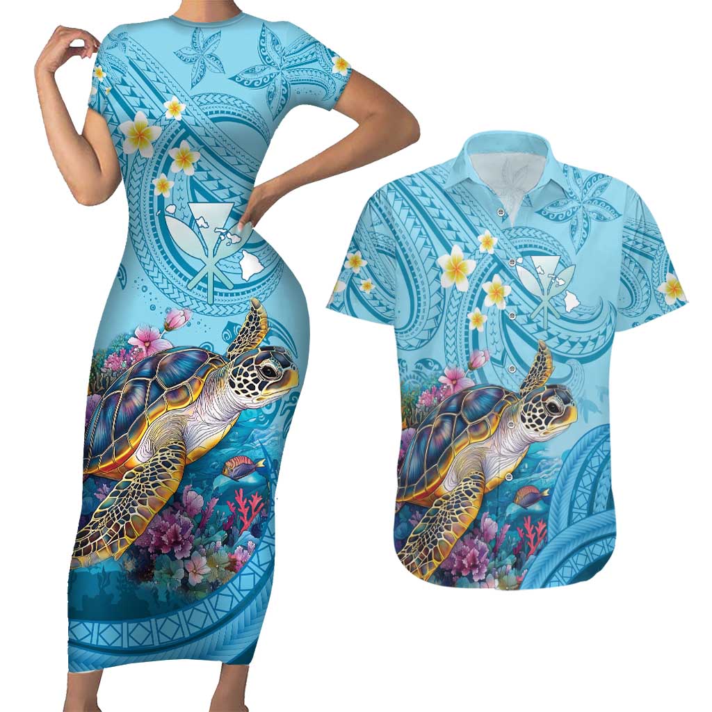 Personalized Hawaii Sea Turtle Couples Matching Short Sleeve Bodycon Dress and Hawaiian Shirt Hawaii Map Ocean Vibes LT01 Blue - Polynesian Pride