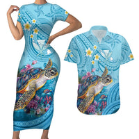Personalized Hawaii Sea Turtle Couples Matching Short Sleeve Bodycon Dress and Hawaiian Shirt Hawaii Map Ocean Vibes LT01 Blue - Polynesian Pride