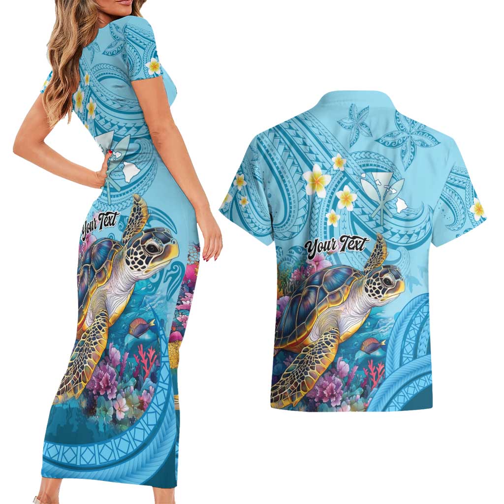 Personalized Hawaii Sea Turtle Couples Matching Short Sleeve Bodycon Dress and Hawaiian Shirt Hawaii Map Ocean Vibes LT01 - Polynesian Pride