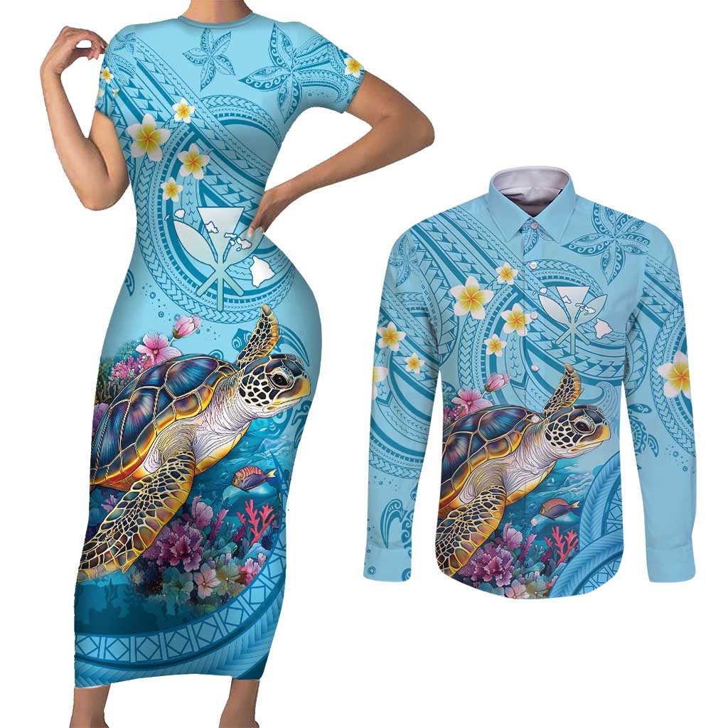 Personalized Hawaii Sea Turtle Couples Matching Short Sleeve Bodycon Dress and Long Sleeve Button Shirt Hawaii Map Ocean Vibes LT01 Blue - Polynesian Pride
