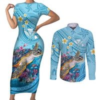 Personalized Hawaii Sea Turtle Couples Matching Short Sleeve Bodycon Dress and Long Sleeve Button Shirt Hawaii Map Ocean Vibes LT01 Blue - Polynesian Pride