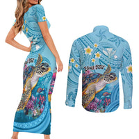 Personalized Hawaii Sea Turtle Couples Matching Short Sleeve Bodycon Dress and Long Sleeve Button Shirt Hawaii Map Ocean Vibes LT01 - Polynesian Pride