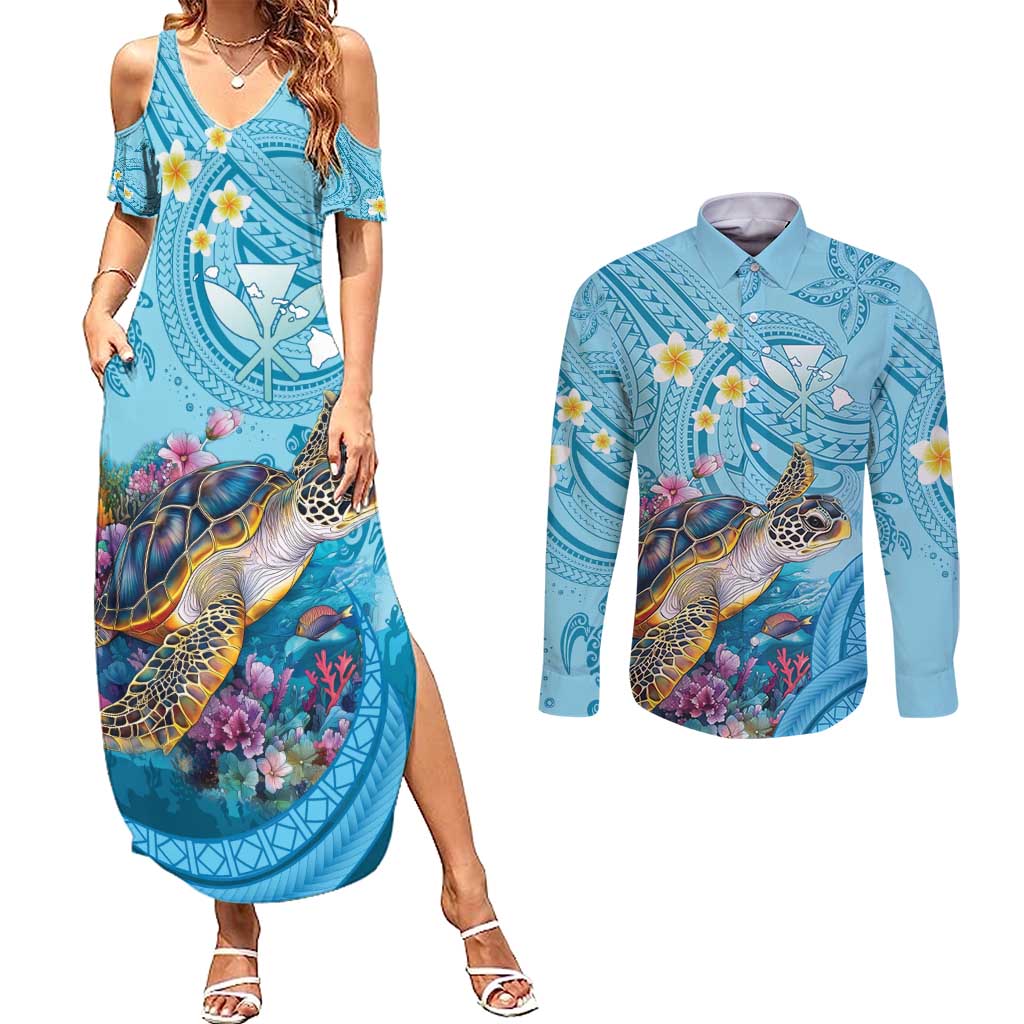 Personalized Hawaii Sea Turtle Couples Matching Summer Maxi Dress and Long Sleeve Button Shirt Hawaii Map Ocean Vibes LT01 Blue - Polynesian Pride