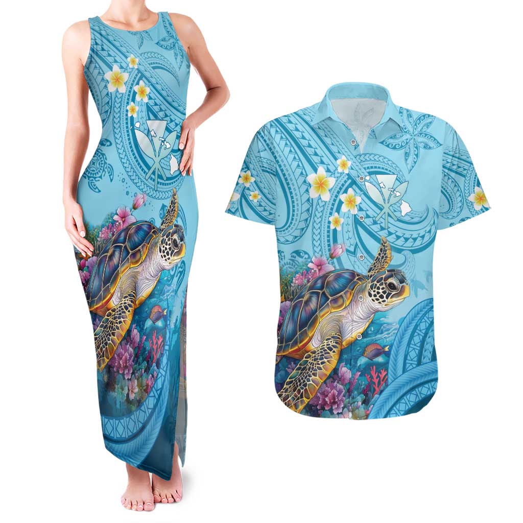 Personalized Hawaii Sea Turtle Couples Matching Tank Maxi Dress and Hawaiian Shirt Hawaii Map Ocean Vibes LT01 Blue - Polynesian Pride