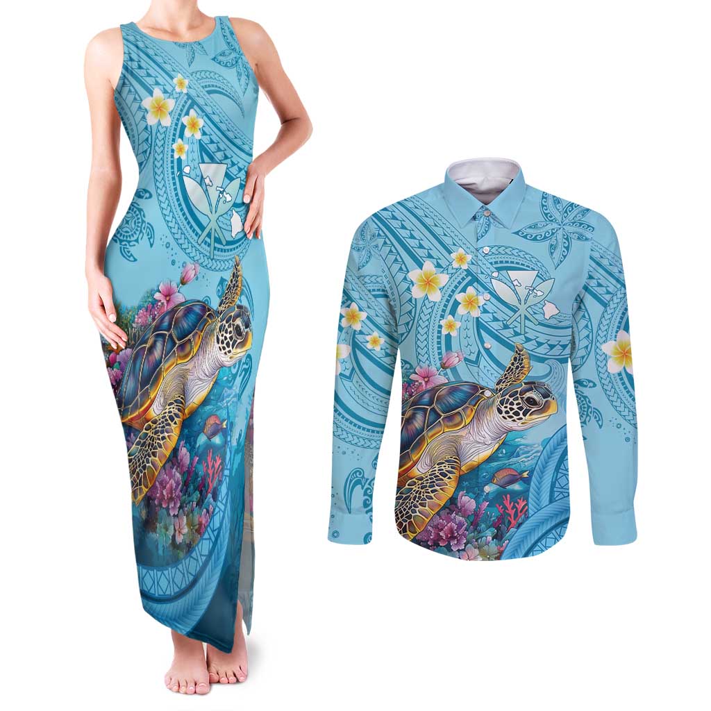 Personalized Hawaii Sea Turtle Couples Matching Tank Maxi Dress and Long Sleeve Button Shirt Hawaii Map Ocean Vibes LT01 Blue - Polynesian Pride