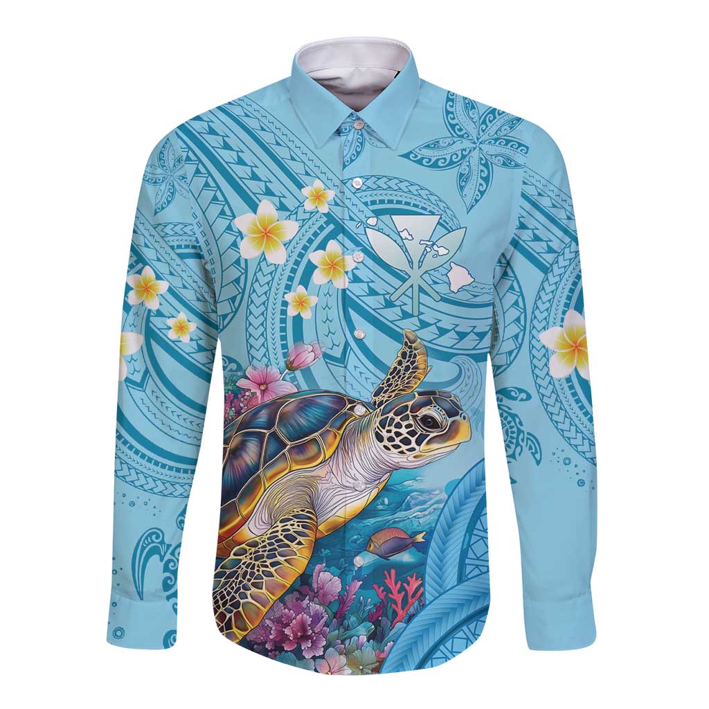 Personalized Hawaii Sea Turtle Long Sleeve Button Shirt Hawaii Map Ocean Vibes LT01 Unisex Blue - Polynesian Pride
