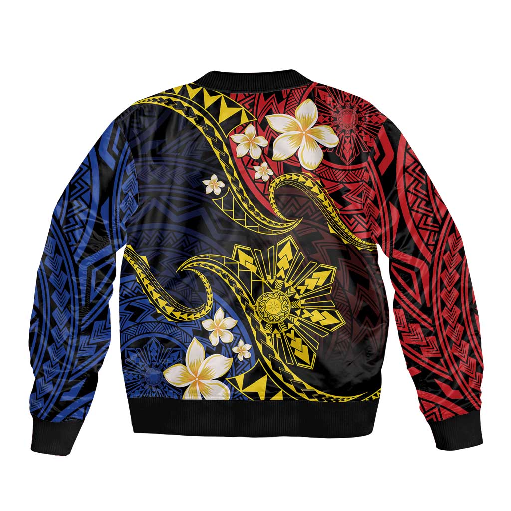 Philippines Spirit Tribal Sun Plumeria Bomber Jacket Red And Blue Polynesian Pattern