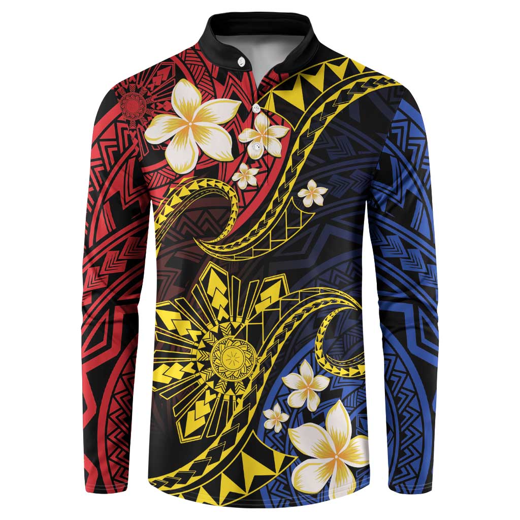 Philippines Spirit Tribal Sun Plumeria Button Sweatshirt Red And Blue Polynesian Pattern