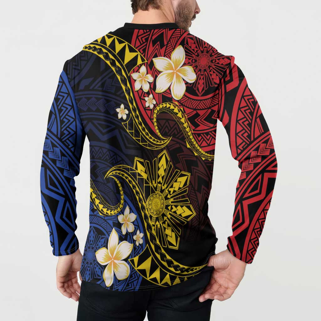 Philippines Spirit Tribal Sun Plumeria Button Sweatshirt Red And Blue Polynesian Pattern