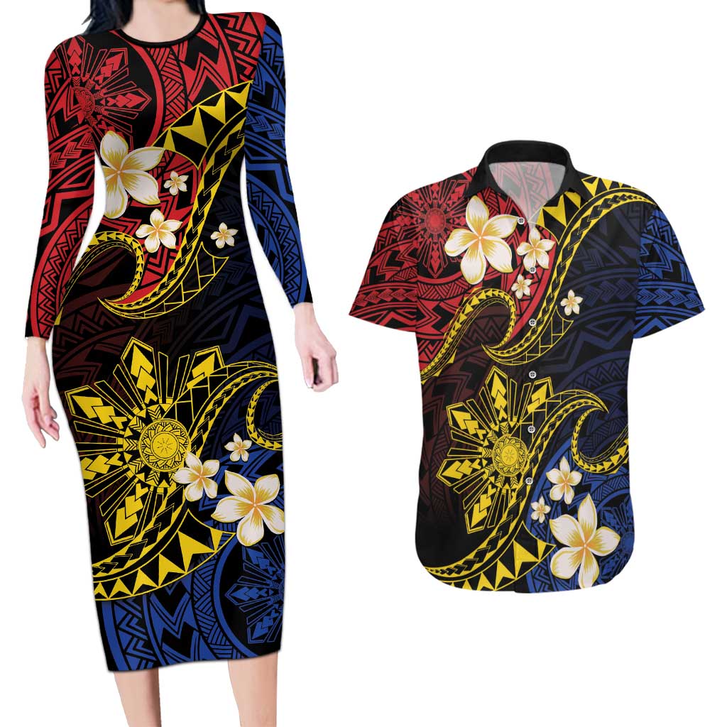 Philippines Spirit Tribal Sun Plumeria Couples Matching Long Sleeve Bodycon Dress and Hawaiian Shirt Red And Blue Polynesian Pattern