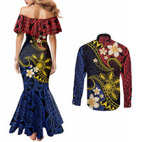 Philippines Spirit Tribal Sun Plumeria Couples Matching Mermaid Dress and Long Sleeve Button Shirt Red And Blue Polynesian Pattern