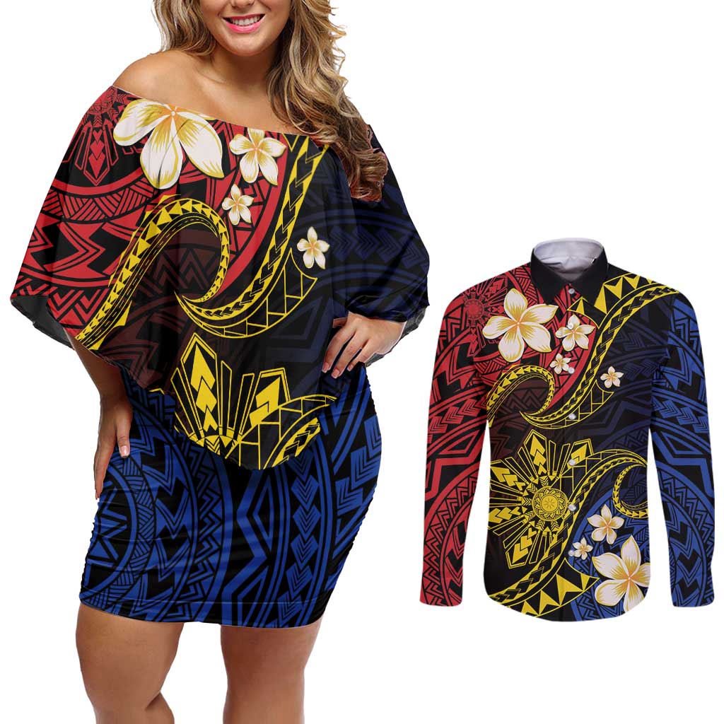 Philippines Spirit Tribal Sun Plumeria Couples Matching Off Shoulder Short Dress and Long Sleeve Button Shirt Red And Blue Polynesian Pattern
