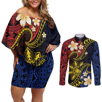 Philippines Spirit Tribal Sun Plumeria Couples Matching Off Shoulder Short Dress and Long Sleeve Button Shirt Red And Blue Polynesian Pattern