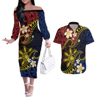 Philippines Spirit Tribal Sun Plumeria Couples Matching Off The Shoulder Long Sleeve Dress and Hawaiian Shirt Red And Blue Polynesian Pattern