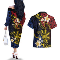 Philippines Spirit Tribal Sun Plumeria Couples Matching Off The Shoulder Long Sleeve Dress and Hawaiian Shirt Red And Blue Polynesian Pattern
