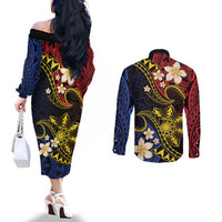 Philippines Spirit Tribal Sun Plumeria Couples Matching Off The Shoulder Long Sleeve Dress and Long Sleeve Button Shirt Red And Blue Polynesian Pattern