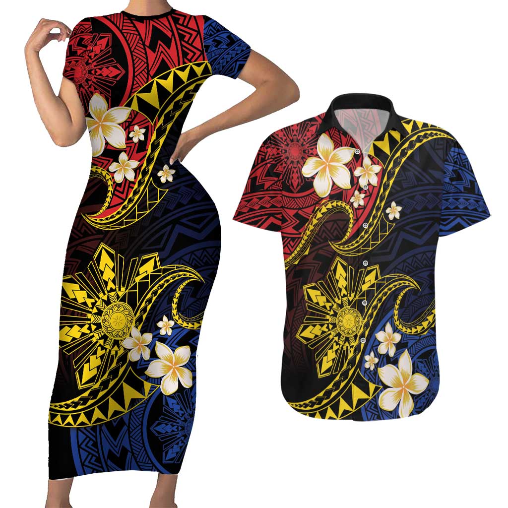 Philippines Spirit Tribal Sun Plumeria Couples Matching Short Sleeve Bodycon Dress and Hawaiian Shirt Red And Blue Polynesian Pattern