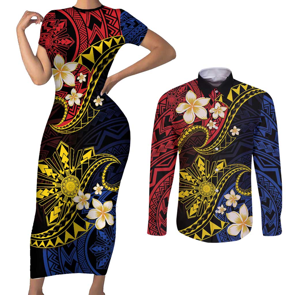 Philippines Spirit Tribal Sun Plumeria Couples Matching Short Sleeve Bodycon Dress and Long Sleeve Button Shirt Red And Blue Polynesian Pattern