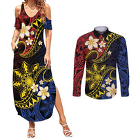 Philippines Spirit Tribal Sun Plumeria Couples Matching Summer Maxi Dress and Long Sleeve Button Shirt Red And Blue Polynesian Pattern