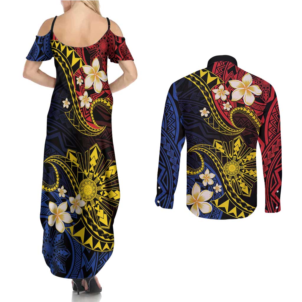 Philippines Spirit Tribal Sun Plumeria Couples Matching Summer Maxi Dress and Long Sleeve Button Shirt Red And Blue Polynesian Pattern