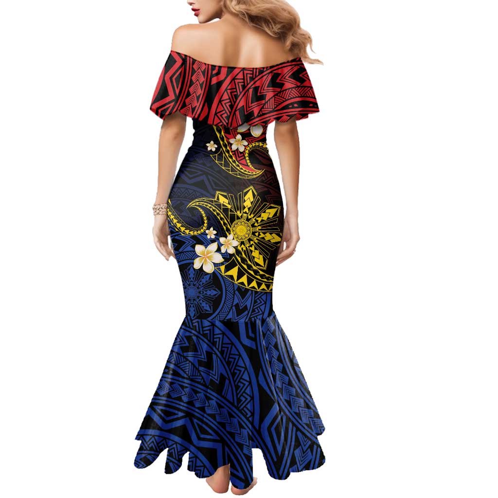 Philippines Spirit Tribal Sun Plumeria Family Matching Mermaid Dress and Hawaiian Shirt Red And Blue Polynesian Pattern