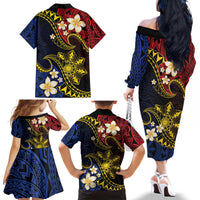Philippines Spirit Tribal Sun Plumeria Family Matching Off The Shoulder Long Sleeve Dress and Hawaiian Shirt Red And Blue Polynesian Pattern