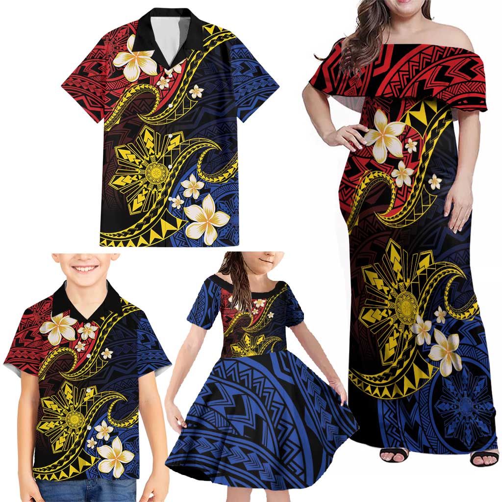Philippines Spirit Tribal Sun Plumeria Family Matching Off Shoulder Maxi Dress and Hawaiian Shirt Red And Blue Polynesian Pattern