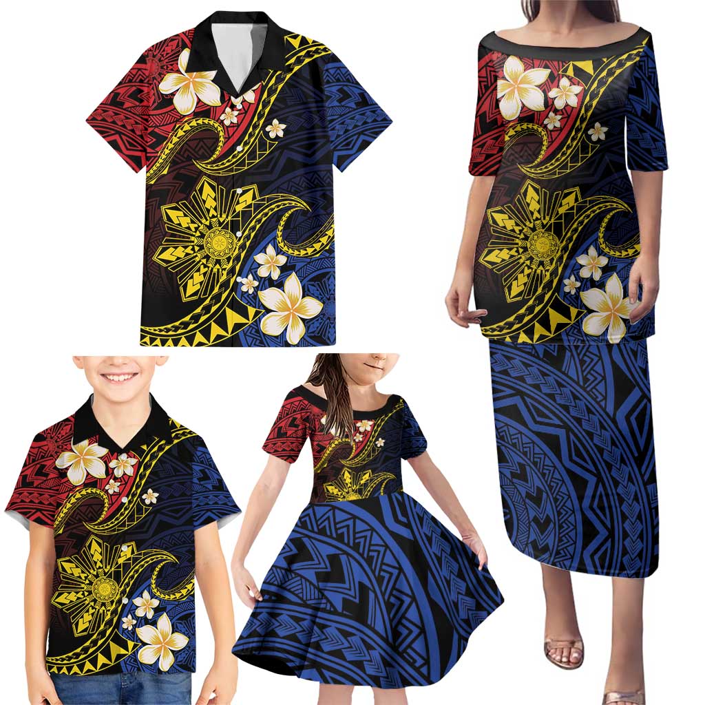 Philippines Spirit Tribal Sun Plumeria Family Matching Puletasi and Hawaiian Shirt Red And Blue Polynesian Pattern
