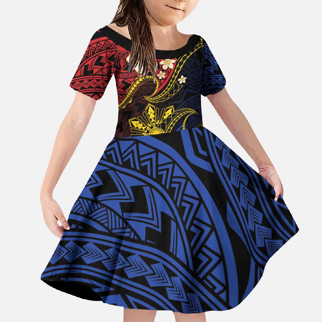 Philippines Spirit Tribal Sun Plumeria Family Matching Short Sleeve Bodycon Dress and Hawaiian Shirt Red And Blue Polynesian Pattern
